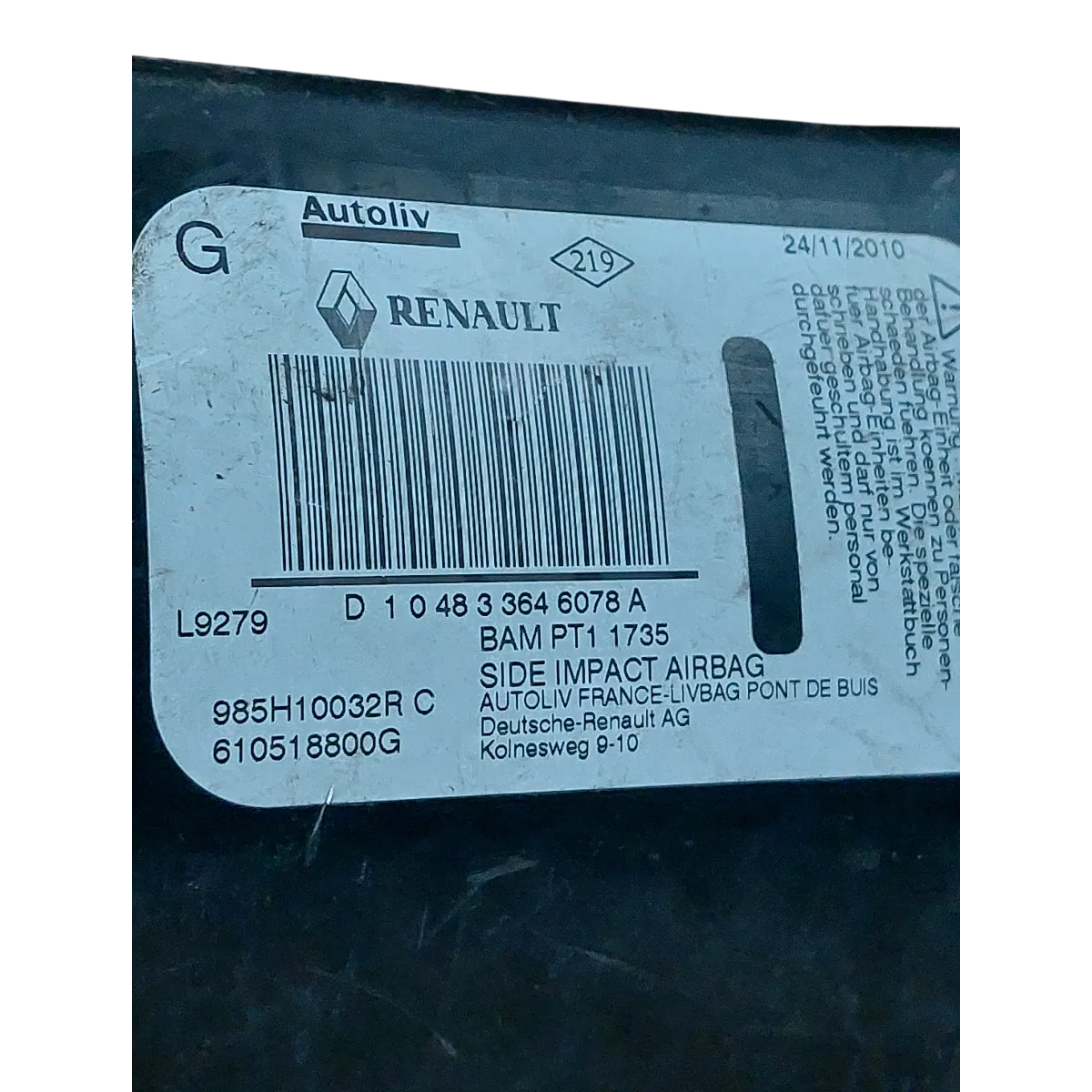 Renault Megane III  08-16  airbag/ zračni jastuk sjedala  lijevi   985H10032R   610518800G