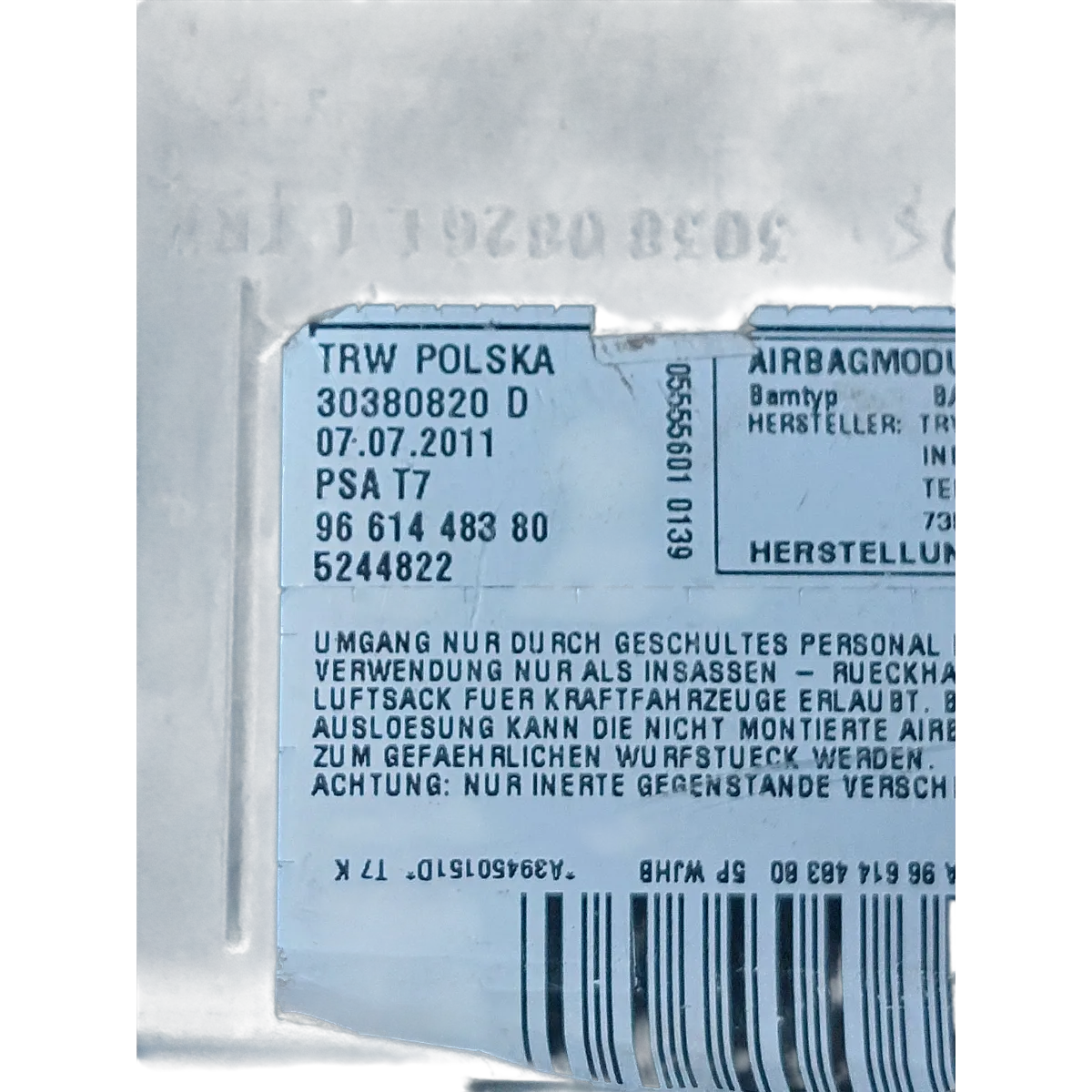 Peugeot 308   07-13   airbag/ zračni jastuk sjedala lijevi   9661448380