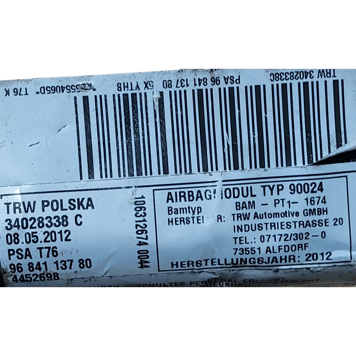 Peugeot 308 CC  09-15   airbag/ zračni jastuk sjedala lijevi gornji  9684113780